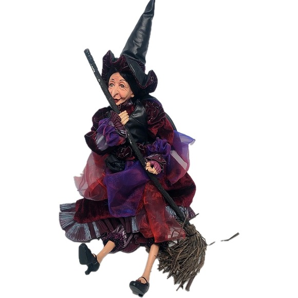 Source Unknown Other - Halloween Witch Broom Purple Black Dress Ceramic Face Legs Sitting Doll